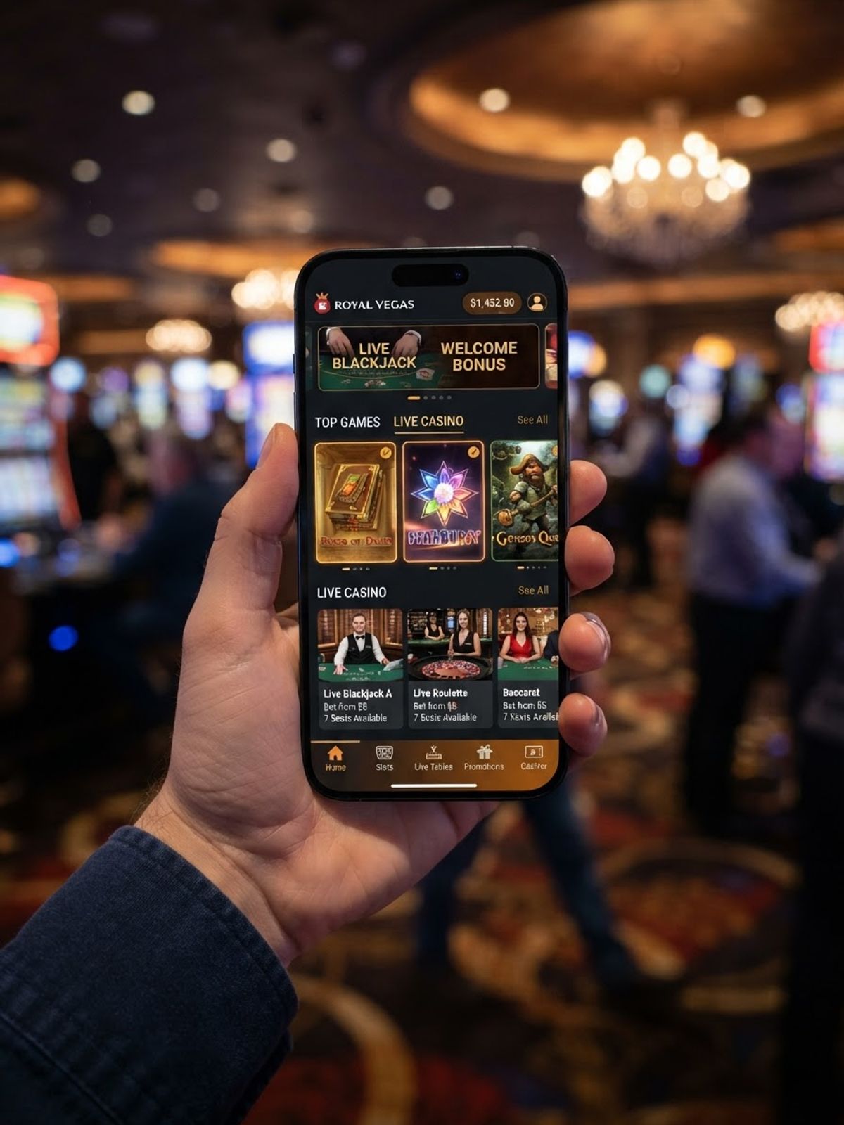 Mobile phone displaying casino games interface