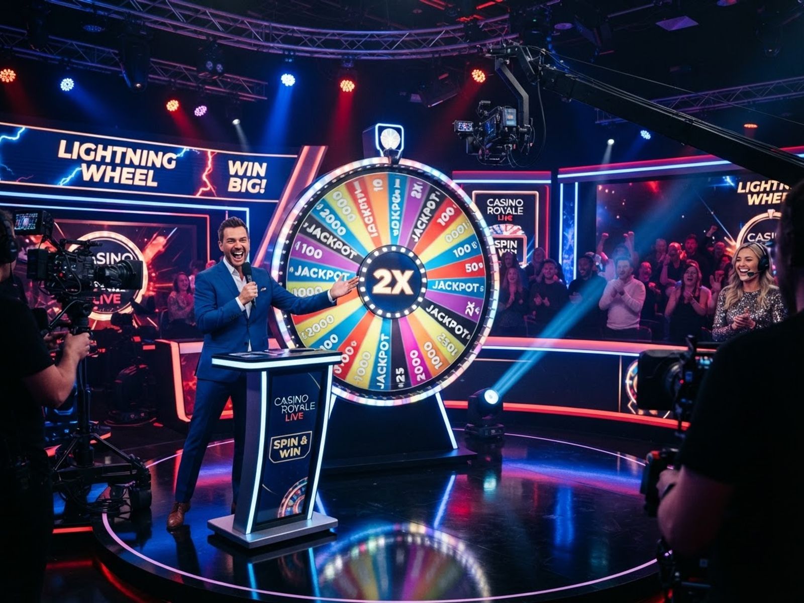 Live game show studio with spinning wheel