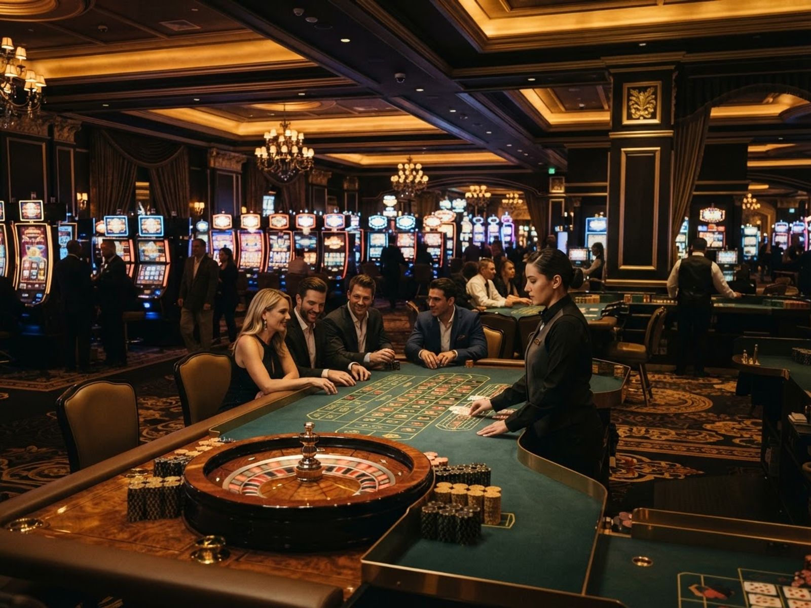 Salle de casino avec table de roulette et croupière